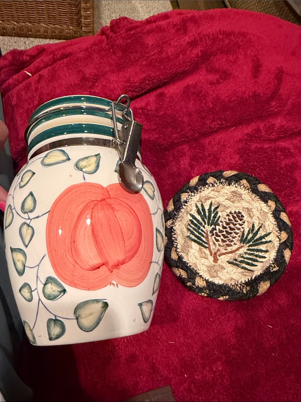 Hand-Painted Ceramic Cookie Jar with Spoon - Coral Peach Design w/ Fiber coaste